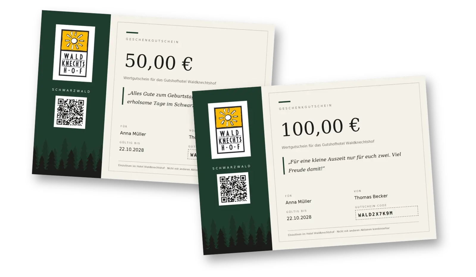 mockup-gutschein-2026 Zwei Geschenkgutscheine des Gutshofhotels Waldknechtshof über 50 € und 100 €